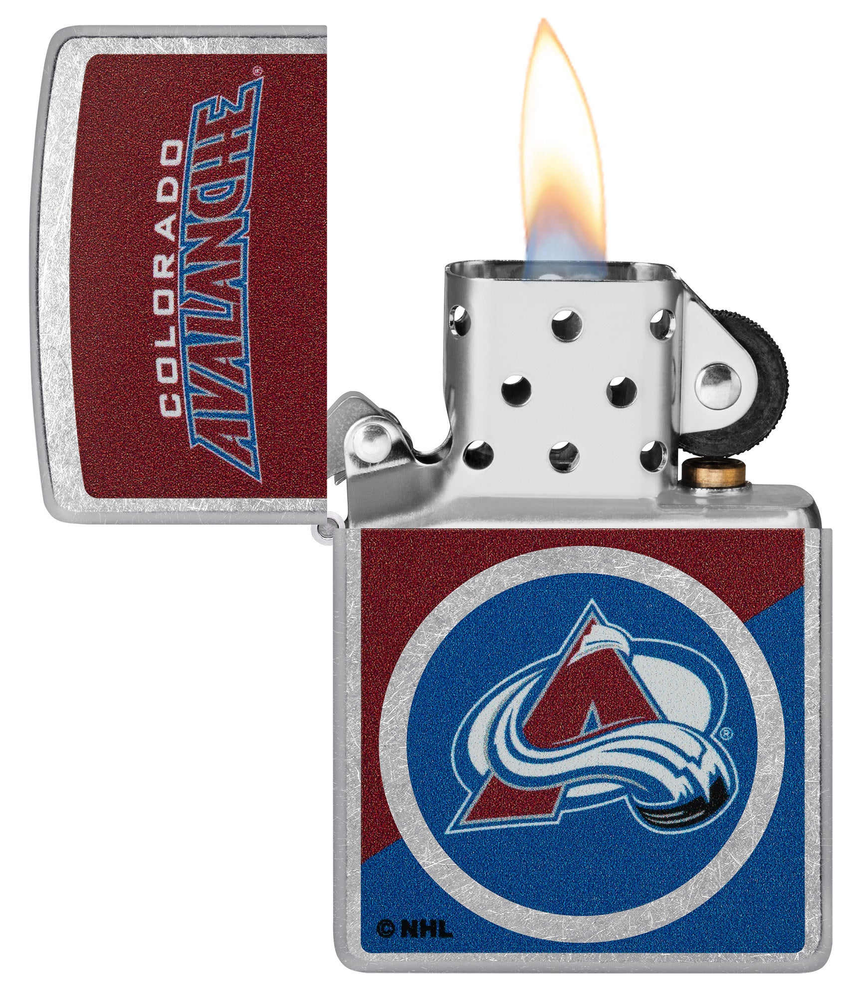 Zippo NHL® Colorado Avalanche® 2024 Street Chrome™ Windproof Lighter with its lid open and unlit.