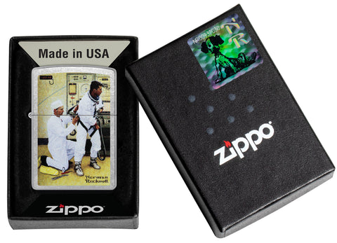 Zippo Norman Rockwell Astronaut Street Chrome Windproof Lighter in its packaging.