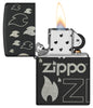 Zippo Design Black Matte with Chrome Windproof Lighter with its lid open and lit.
