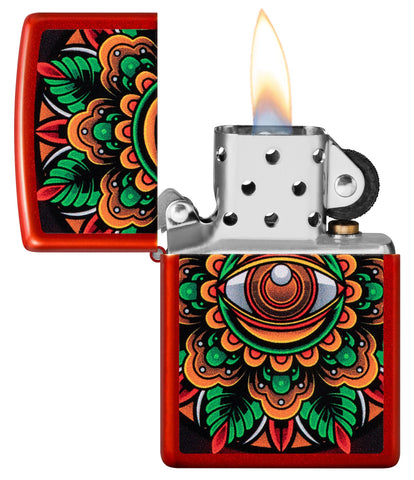 Zippo Counter Culture Eye Design Metallic Red Windproof Lighter with its lid open and lit.