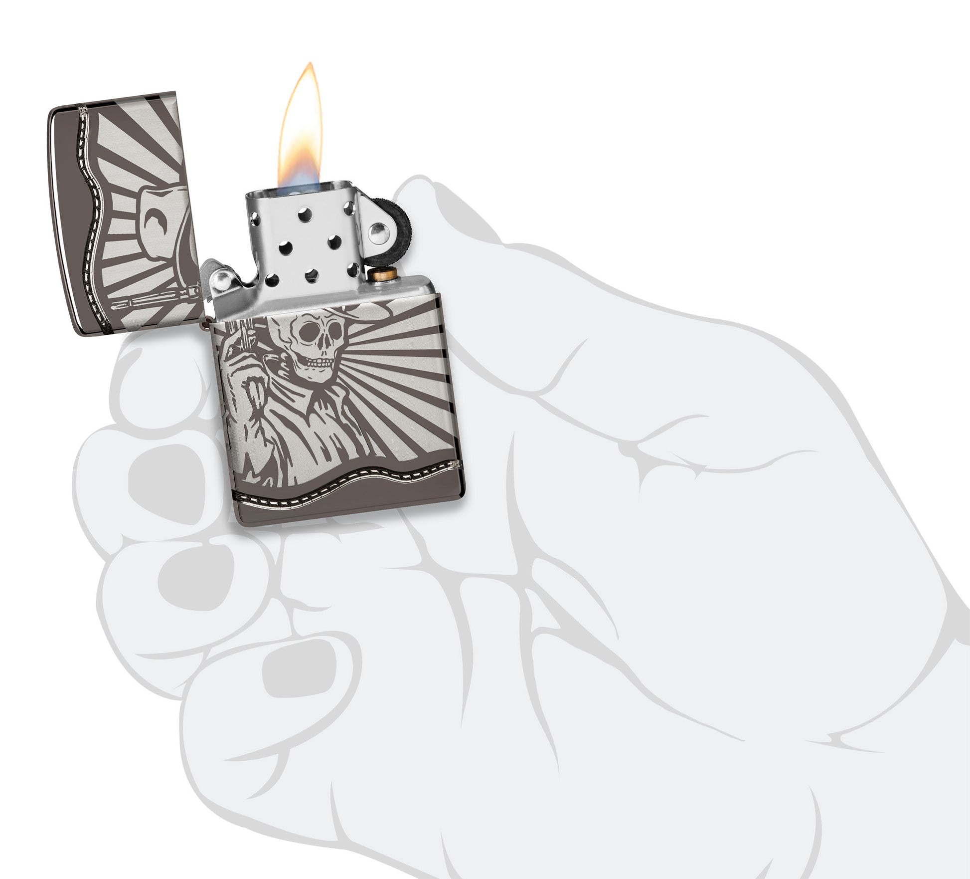 Zippo Skeleton Cowboy Design ArmorÂ® Black Ice Windproof Lighter lit in hand.