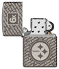 Zippo NFL Pittsburgh Steelers Super Bowl Commemorative Armor Black Ice Windproof Lighter with its lid open and unlit.