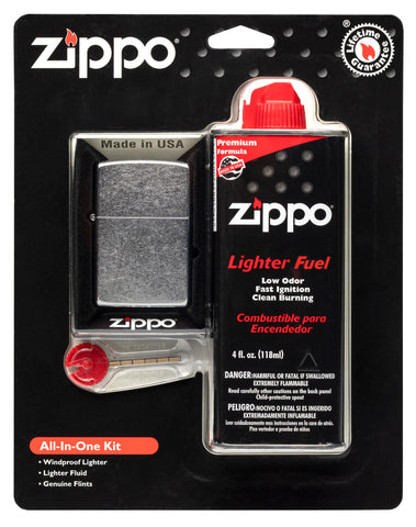 Zippo all-in-one gift set (fuel, flint, lighter) in packaging front view