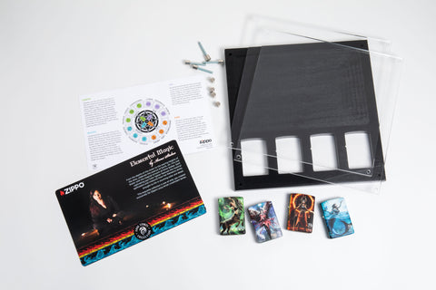 Image showing display case, information cards and all 4 lighters in the Anne Stokes Elemental Magic set.