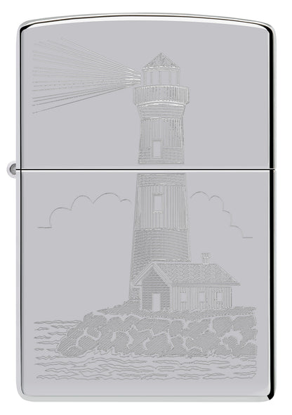 Front view of Zippo Lighthouse Design Highpolish Chrome Windproof Lighter.