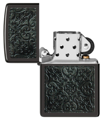 Zippo Pattern Design High Polish Black Windproof Lighter with its lid open and unlit.