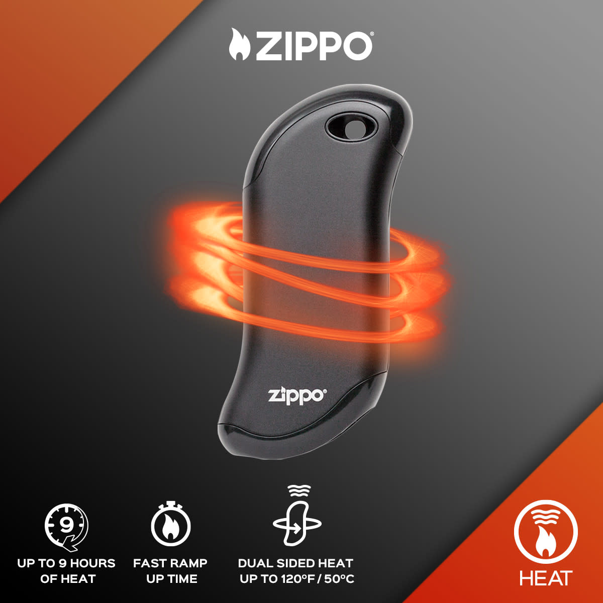 Graphic of Black HeatBankÂ® 9s Rechargeable Gaming Hand Warmer showing the heat output information.