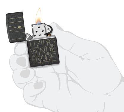 Zippo Line Art Zippo Design Black Crackle Windproof Lighter lit in hand.