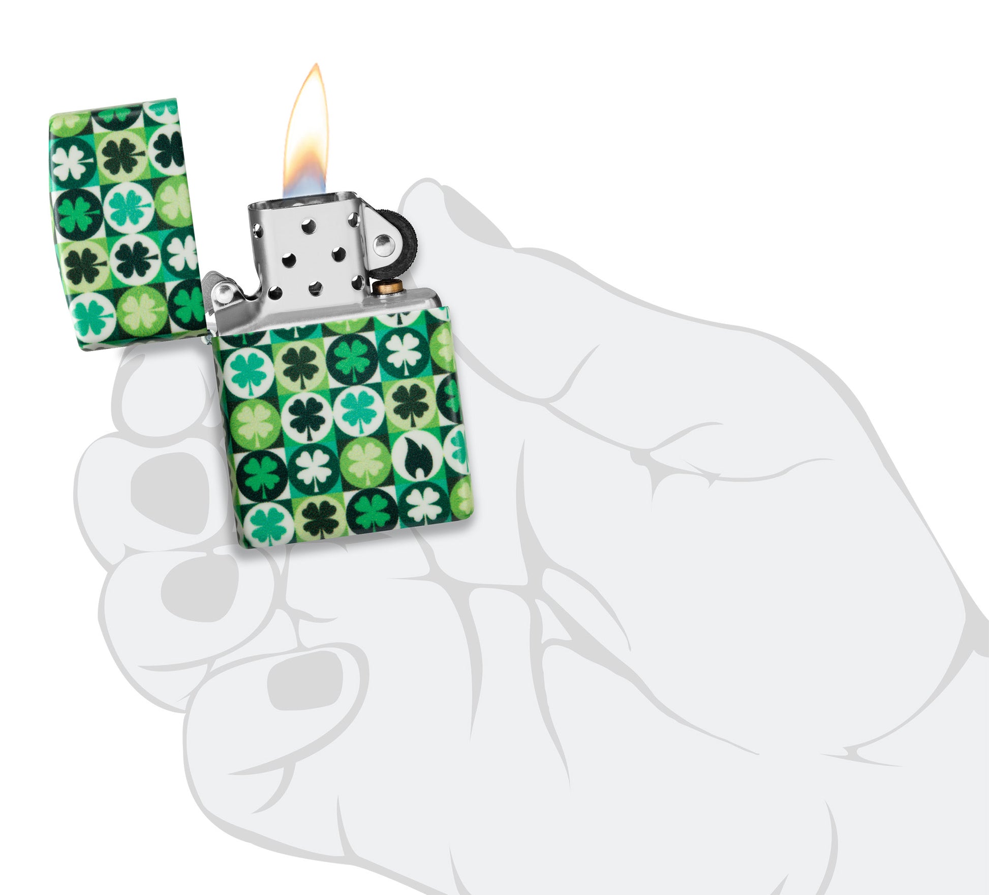 Zippo Clover Design Glow in the Dark Green Matte Windproof Lighter lit in hand.