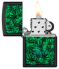 Zippo Cannabis Design Black Light Black Matte Windproof Lighter with its lid open and lit.