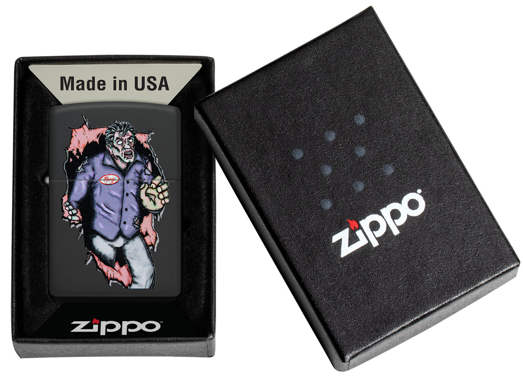 Zippo Zombie Escape Black Matte Windproof Lighter in its packaging.