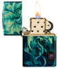 Zippo Anne Stokes Collection 540 Tumbled Brass Windproof Lighter with its lid open and lit.