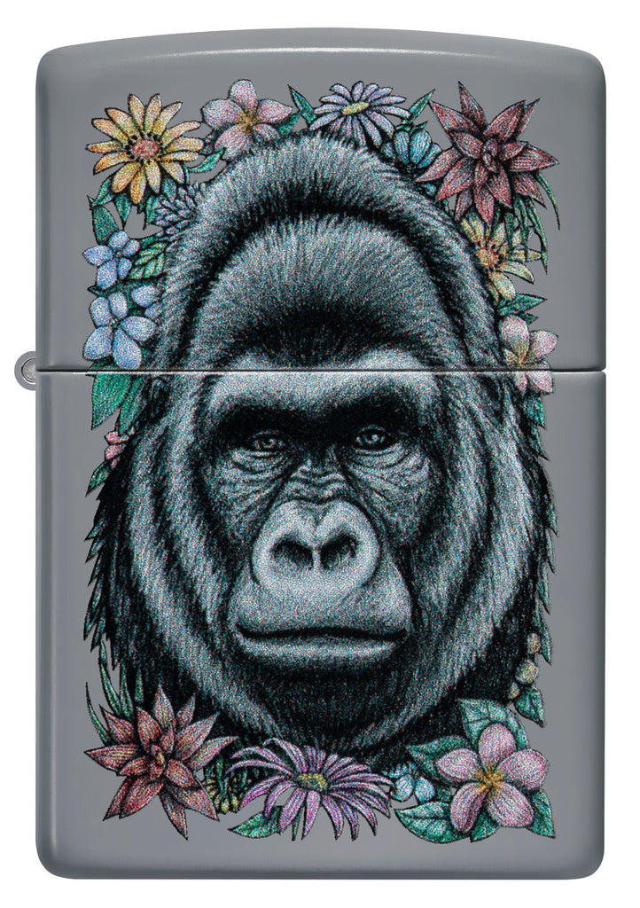 Front shot of Zippo Floral Gorilla Design Flat Grey Windproof Lighter.