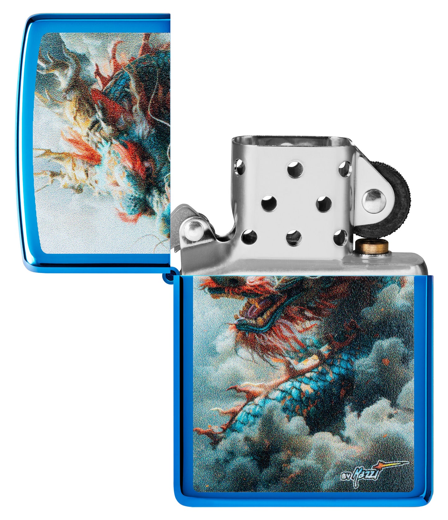 Zippo MazziÂ® Dragon Design High Polish Blue Windproof Lighter with its lid open and unlit.