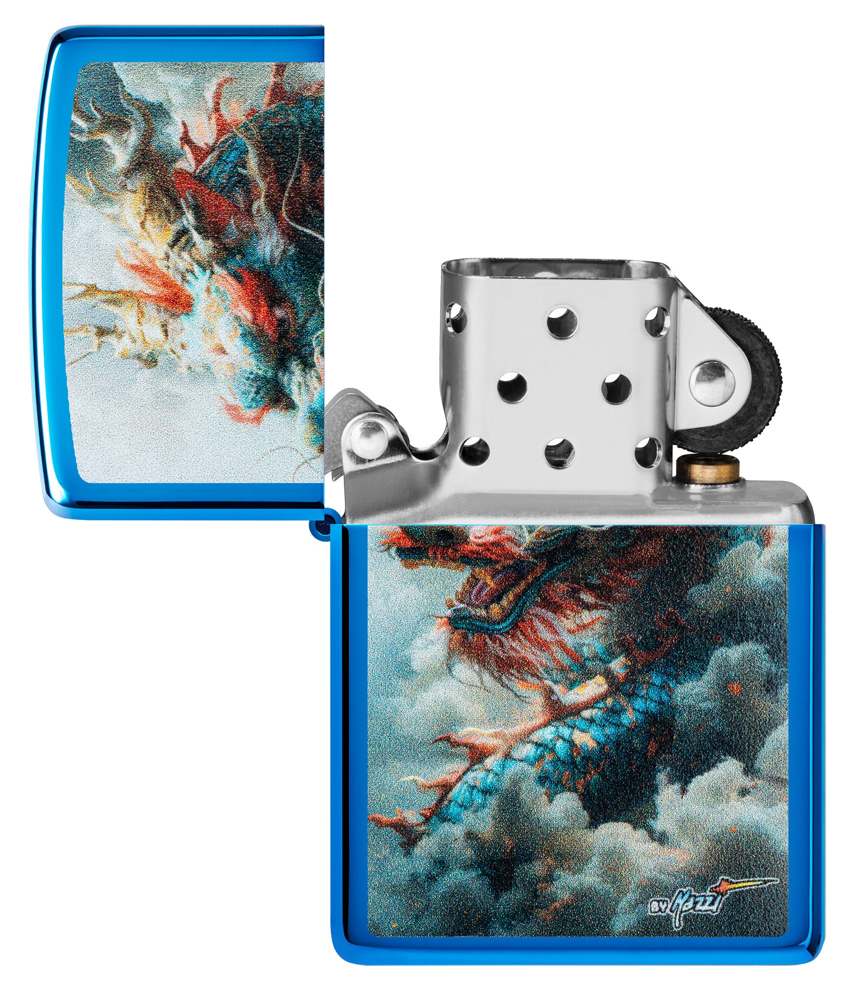 Zippo MazziÂ® Dragon Design High Polish Blue Windproof Lighter with its lid open and unlit.