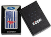 Zippo Ford Mustang American Flag Street Chrome Windproof Lighter in its packaging.