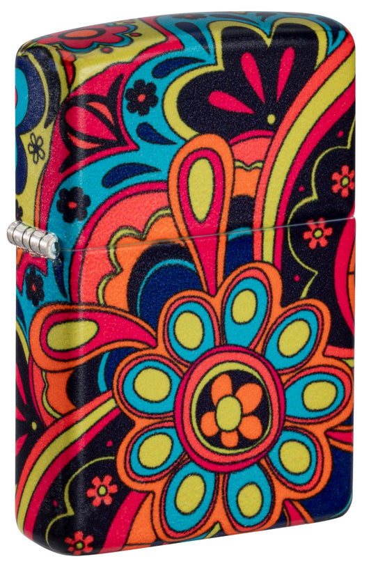 Front shot of Zippo Flower Power Design 540 Matte Windproof Lighter standing at a 3/4 angle.