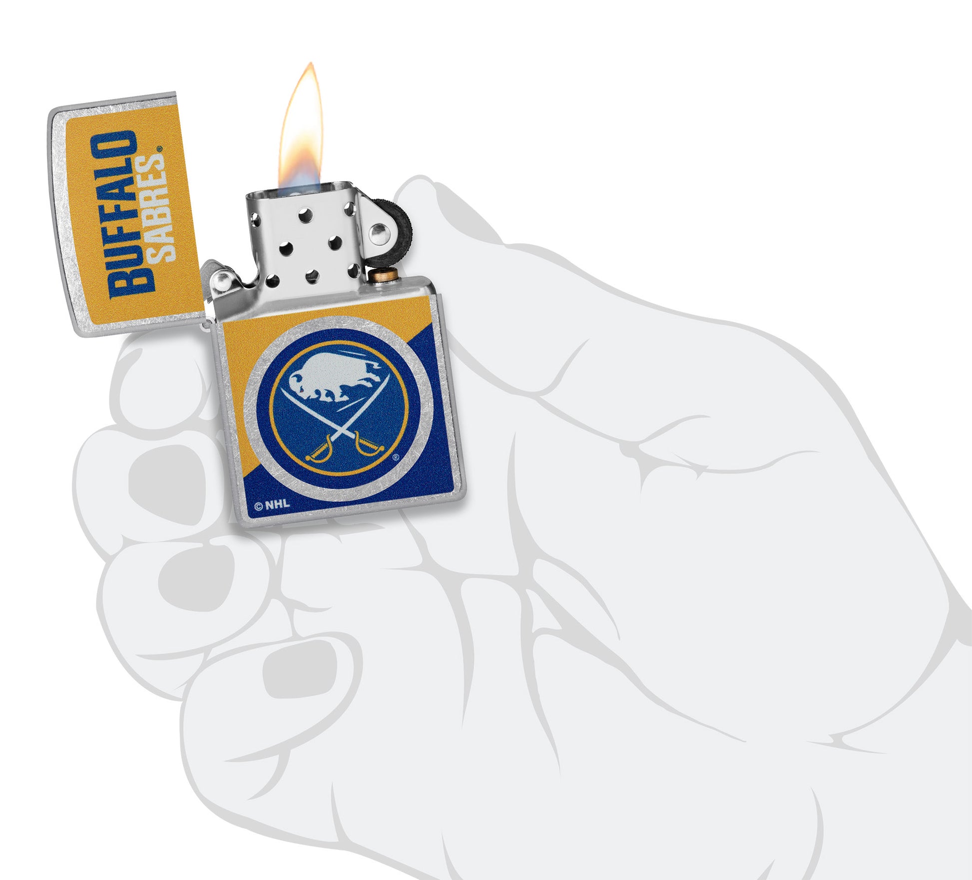 Zippo NHL® Buffalo Sabres® 2024 Street Chrome™ Windproof Lighter in its packaging.