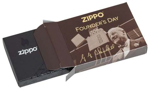 Zippo 2023 Founder's Day Collectible Armor High Polish Brass Windproof Lighter in its special packaging.