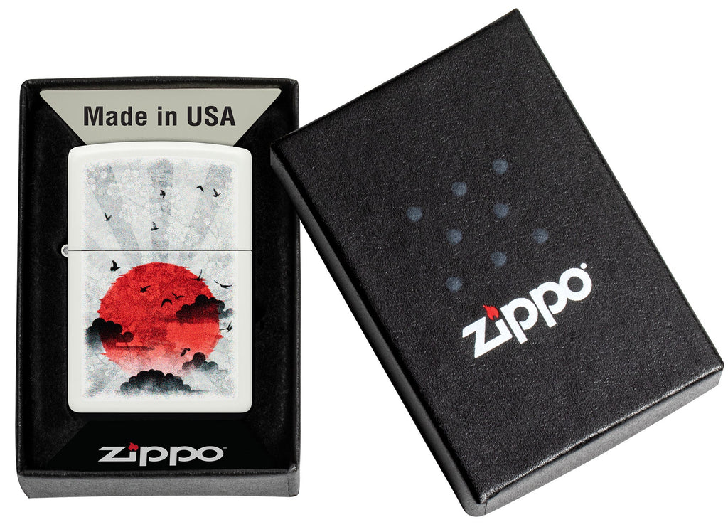 Zippo Red Moon Design White Matte Windproof Lighter in its packaging.