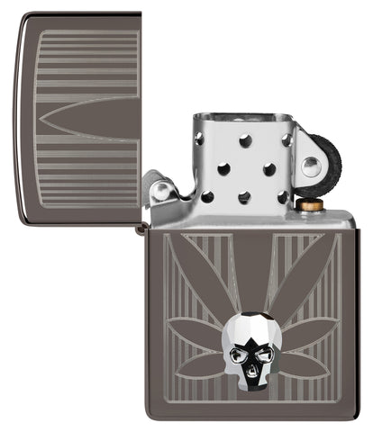 Zippo Cannabis Design Black Ice Windproof Lighter with its lid open and unlit.