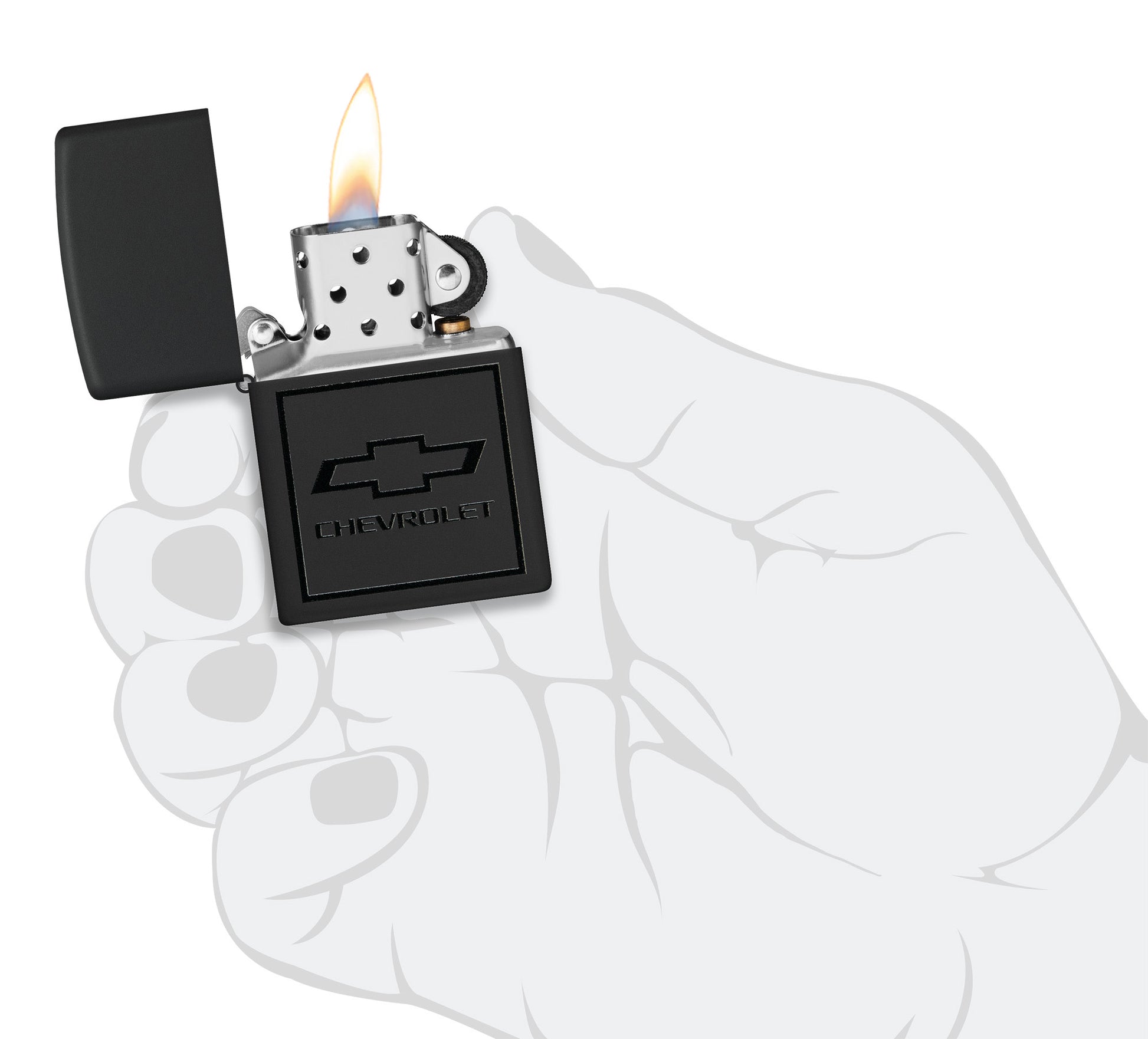 Zippo ChevroletÂ® Bowtie Design Black Matte Windproof Lighter lit in hand.