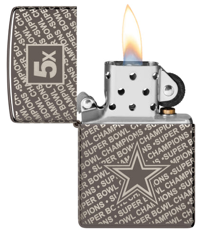 Zippo NFL Dallas Cowboys Super Bowl Commemorative Armor Black Ice Windproof Lighter with its lid open and lit.