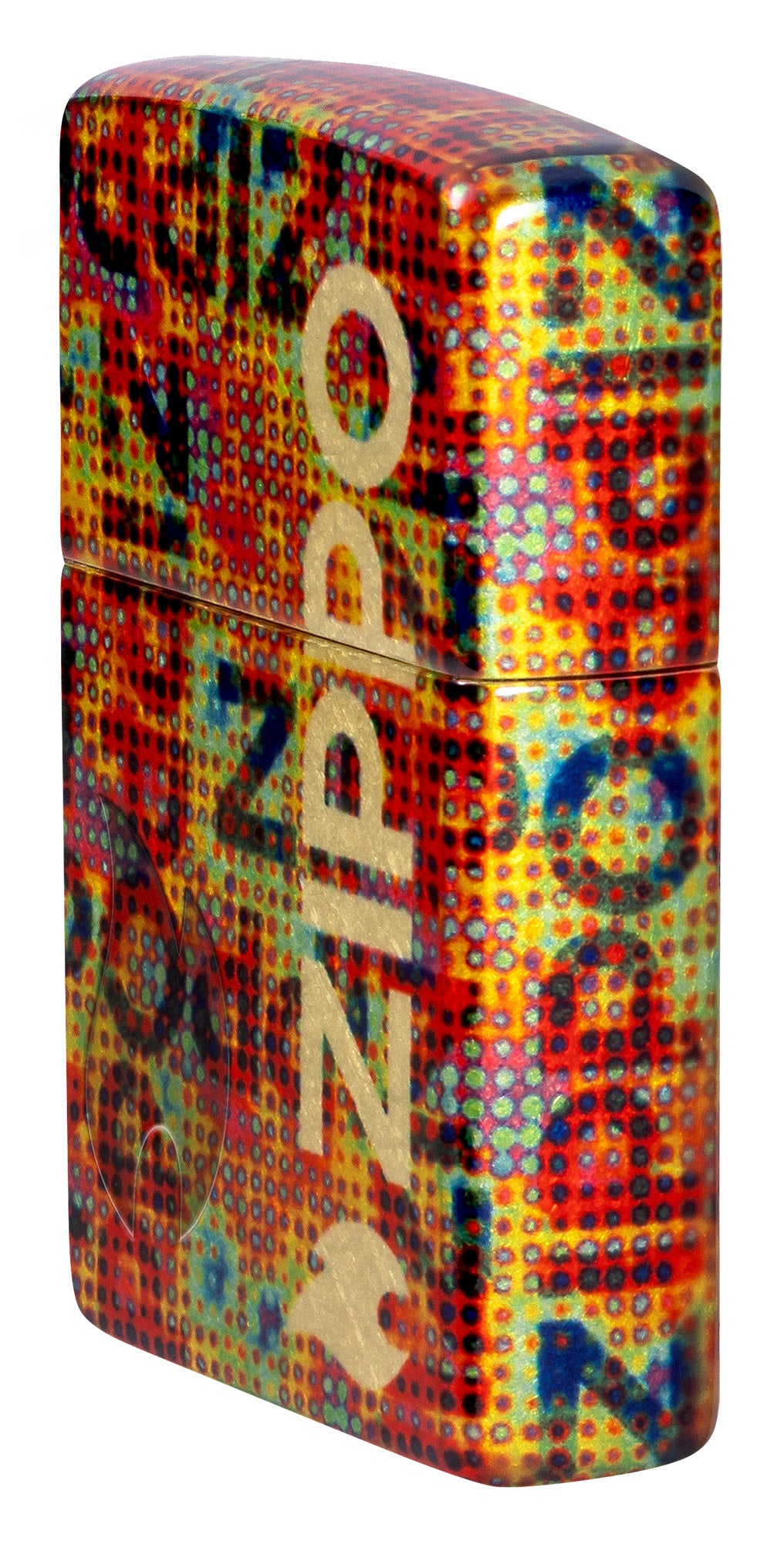 Angled shot of Zippo Pixel Fusion Design 540 Tumbled Brass Windproof Lighter showing the front and right side of the lighter.