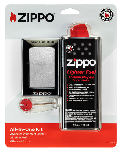 Zippo all-in-one gift set (fuel, flint, lighter) in packaging front view