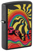 Front shot of Zippo Hippie Mt Rushmore Design Black Matte Windproof Lighter standing at a 3/4 angle.