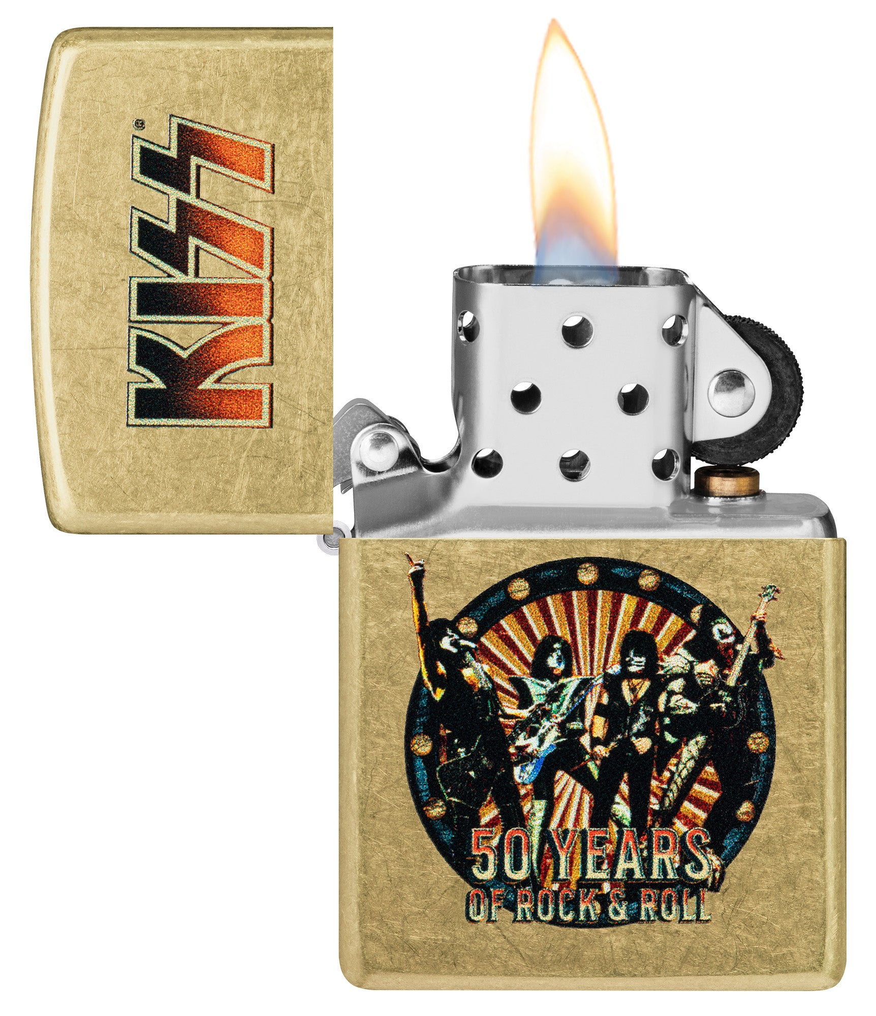 Zippo KISS® 50 Years Design Street Brass Windproof Lighter with its lid open and lit.