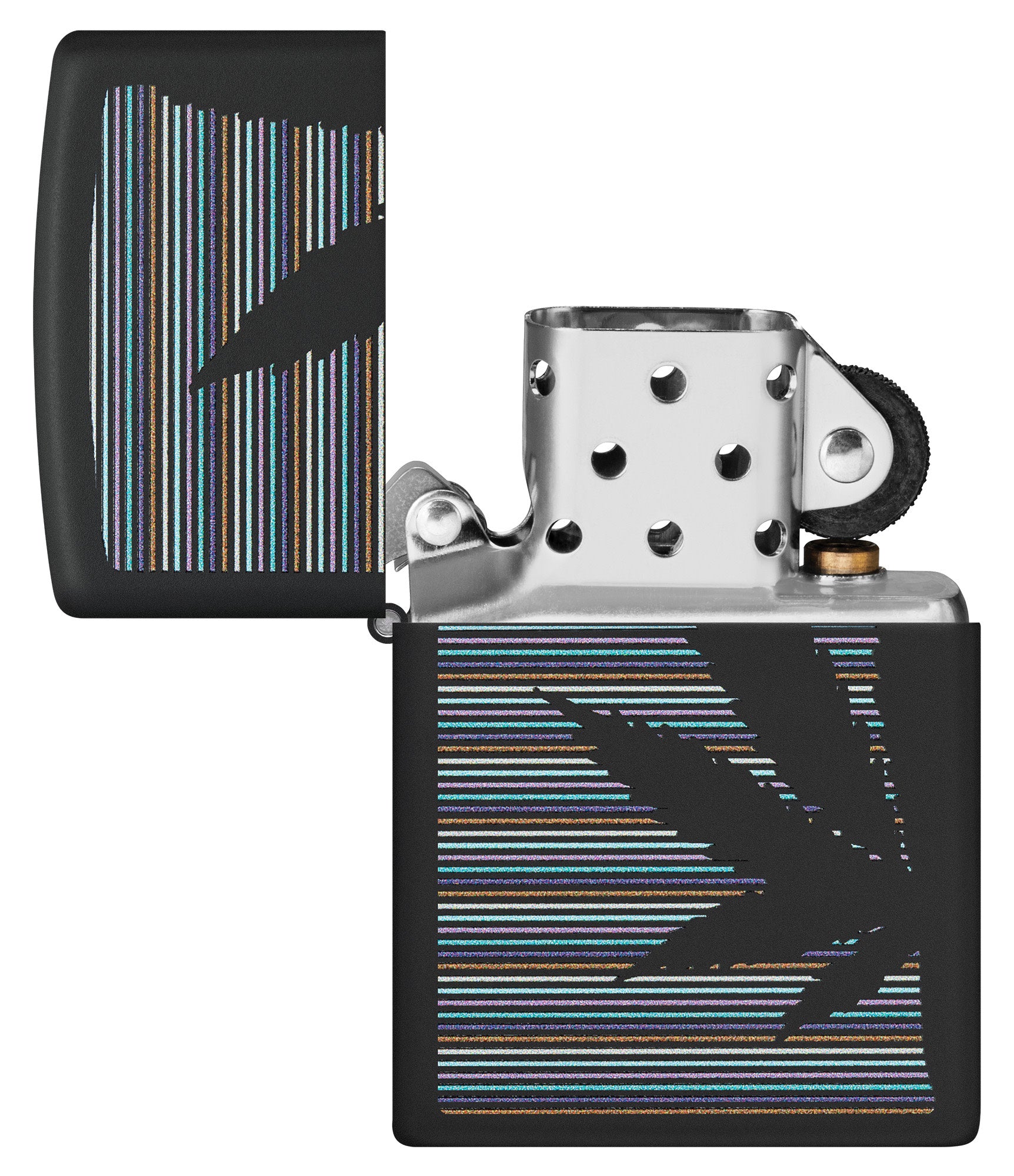 Zippo Cannabis Design Black Matte Windproof Lighter with its lid open and unlit.