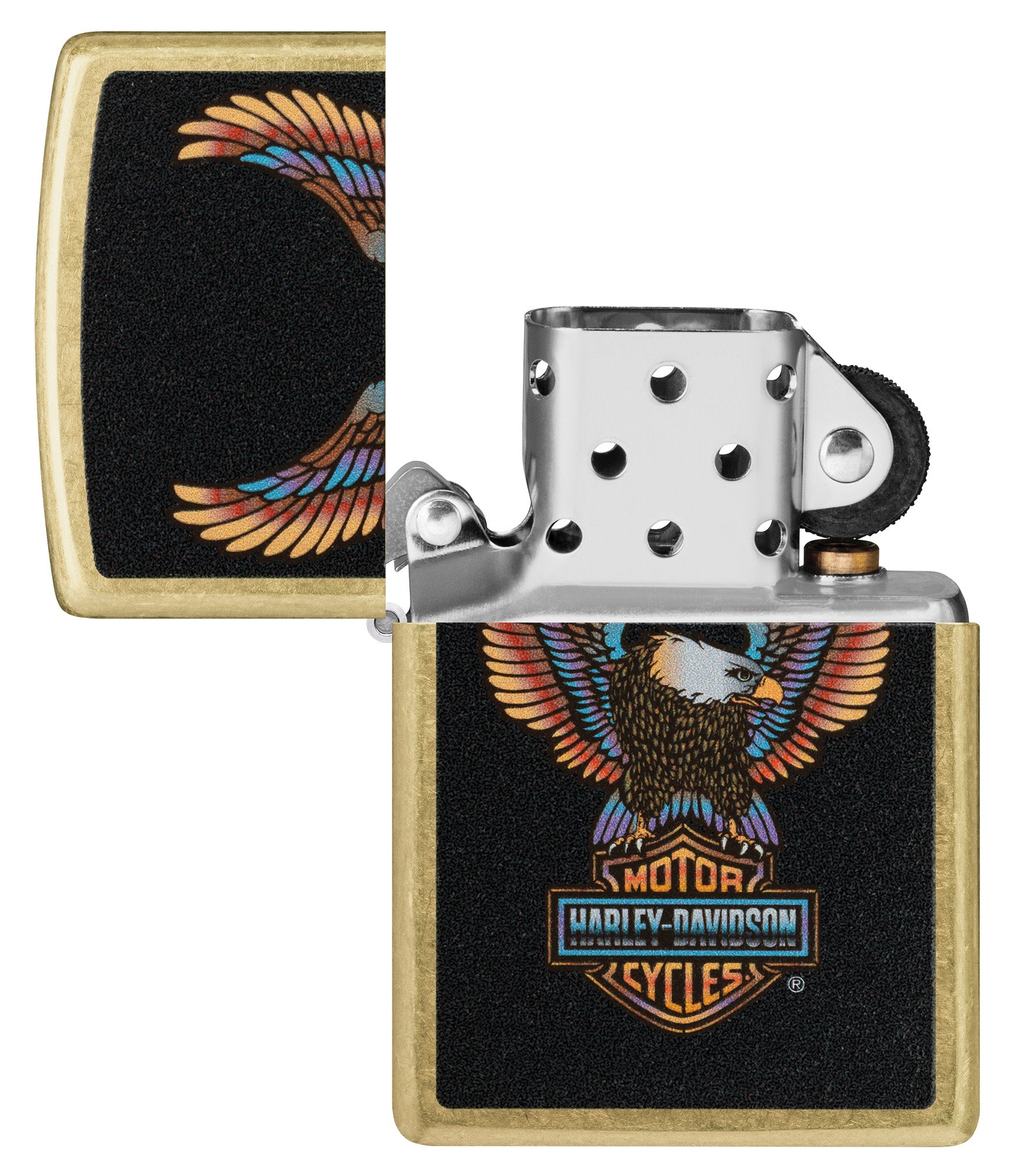 Zippo Harley-DavidsonÂ® Eagle Street Brass Windproof Lighter with its lid open and unlit.