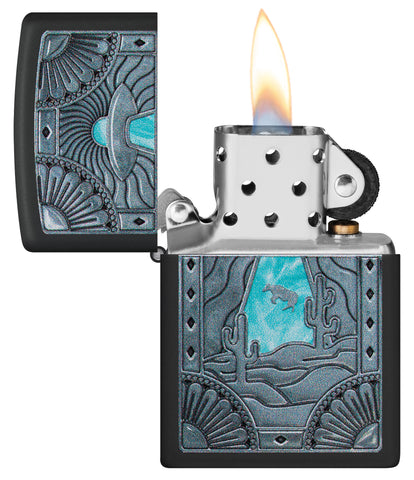 Zippo UFO Cow Black Matte Windproof Lighter with its lid open and lit.