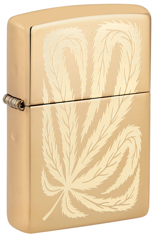 Front shot of Zippo Leaf Feather Design High Polish Brass Windproof Lighter standing at a 3/4 angle.