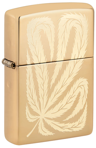 Front shot of Zippo Leaf Feather Design High Polish Brass Windproof Lighter standing at a 3/4 angle.