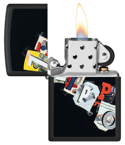 Zippo Cut and Paste Design Black Matte Windproof Lighter with its lid open and lit.