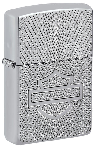 Front view of Zippo Harley-Davidson® Armor High Polish Chrome Windproof Lighter standing at a 3/4 angle.