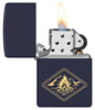 Zippo Campfire Design Navy Matte Windproof Lighter with its lid open and lit.