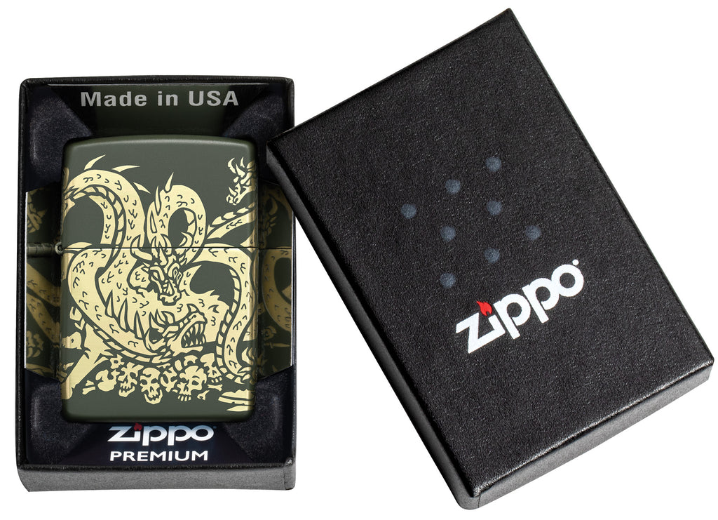 Zippo Dragon Design Green Matte Windproof Lighter in its packaging.