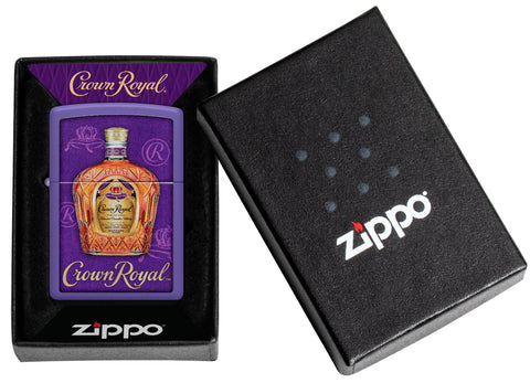 Zippo Crown Royal Design Purple Matte Windproof Lighter in its packaging.