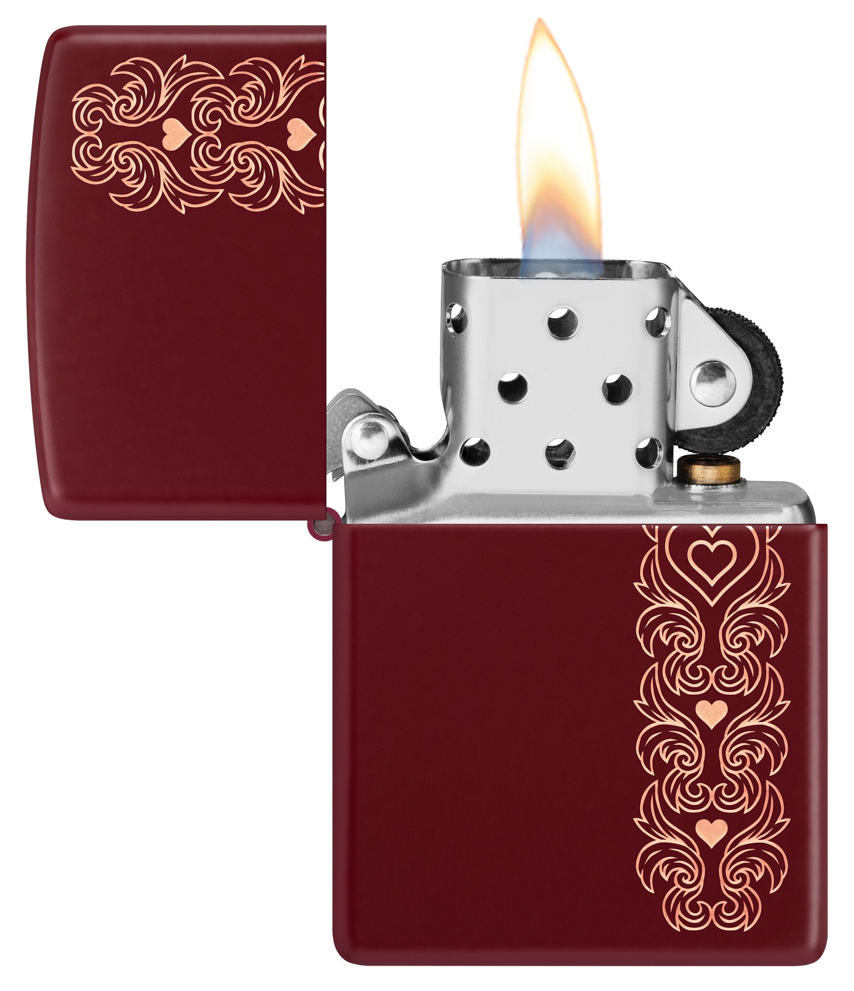 Zippo Heart Garland Design Merlot Windproof Lighter with its lid open and lit.