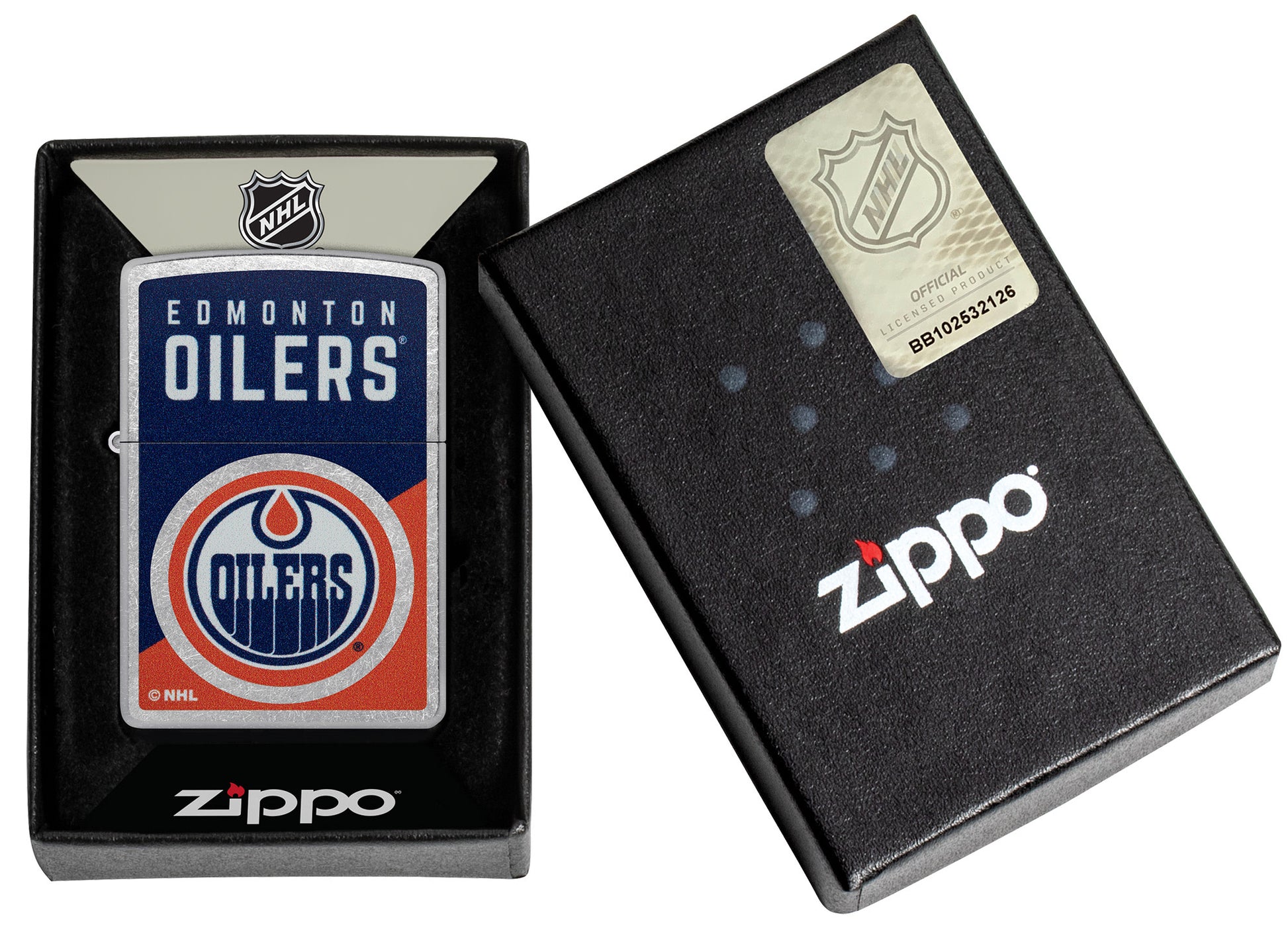 Zippo NHL® Edmonton Oilers® 2024 Street Chrome™ Windproof Lighter in its packaging.