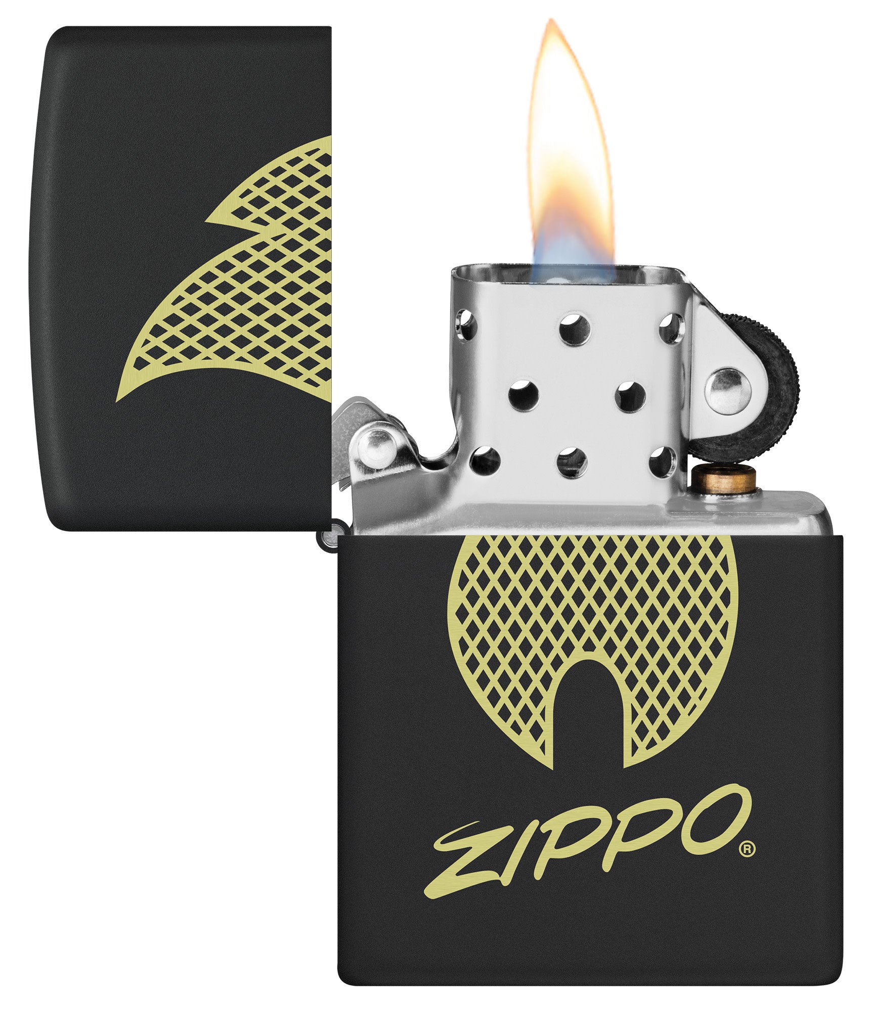 Zippo Script Logo Design Windproof Lighter with its lid open and lit.