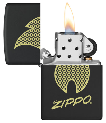 Zippo Script Logo Design Windproof Lighter with its lid open and lit.