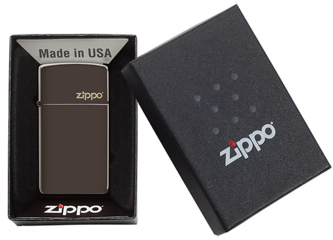 Slim Brown Zippo Logo Windproof Lighter in its packaging