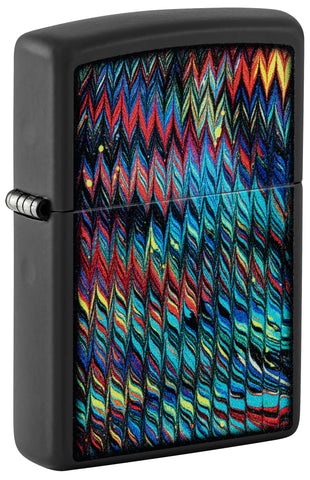 Front shot of Zippo Paint Pour Design Black Matte Windproof Lighter standing at a 3/4 angle.