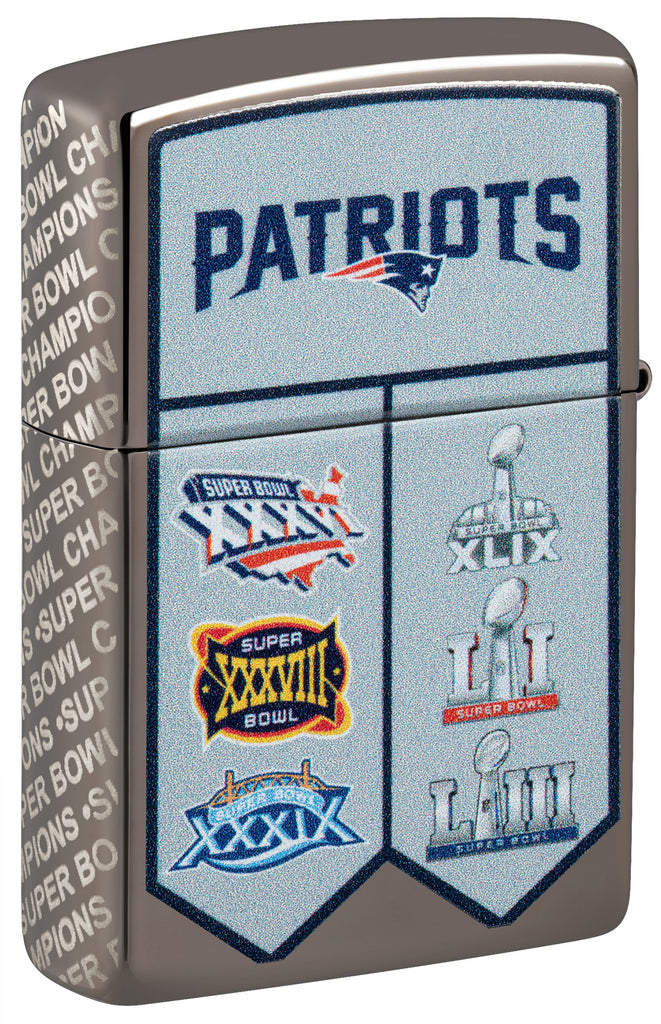 Back shot of Zippo NFL New England Patriots Super Bowl Commemorative Armor Black Ice Windproof Lighter standing at a 3/4 angle.