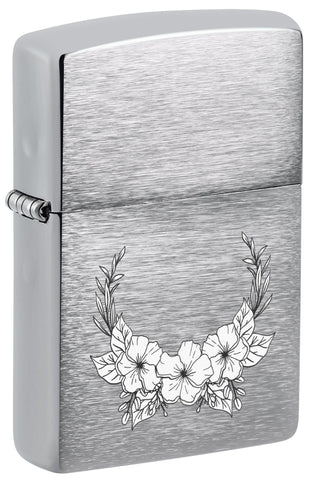 Front view of White Flower Design Windproof Lighter standing at a 3/4 angle