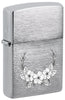 Front view of White Flower Design Windproof Lighter standing at a 3/4 angle